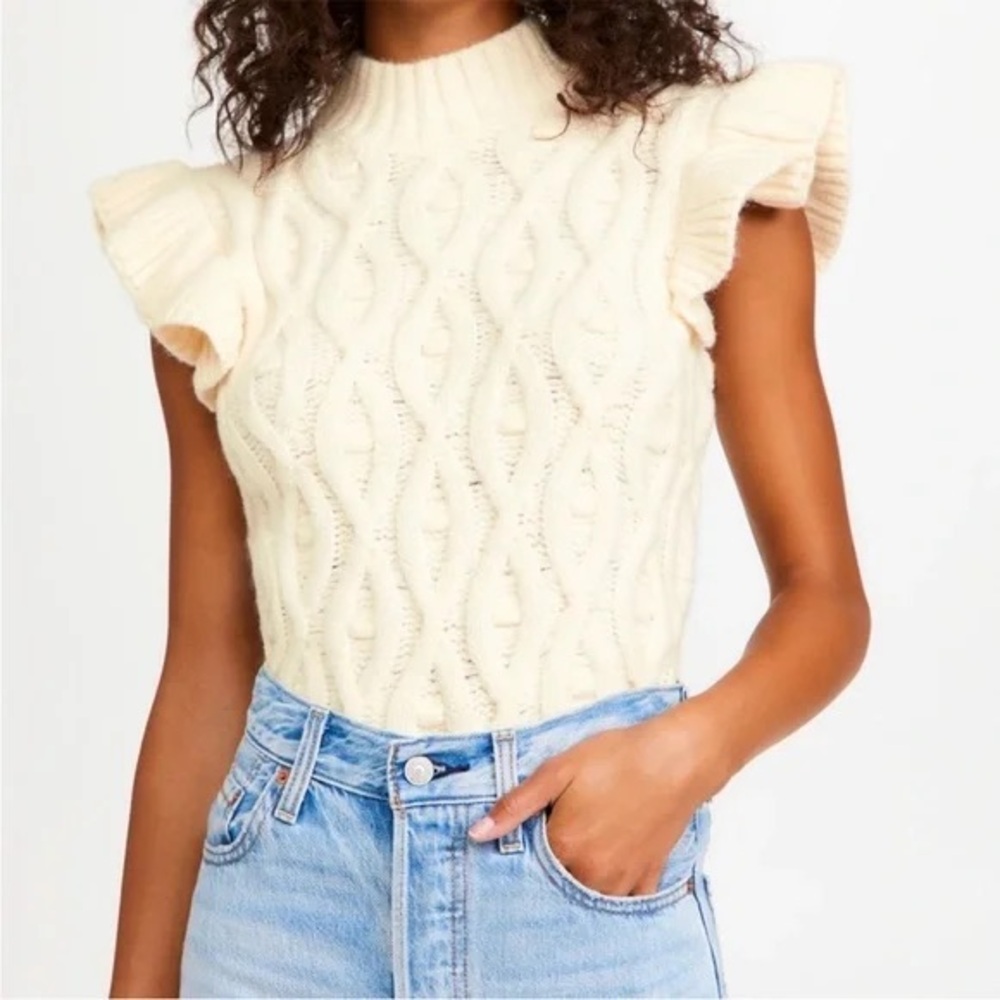 LINE & DOT Ruffle Sleeveless Cream Cable Knit Sweater